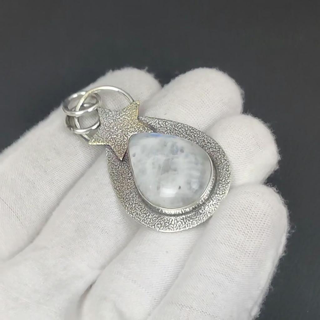 Natural Rainbow Moonstone Gemstone Silver Pendant In 925 Sterling Silver- Handmade Star Design, Everyday Wear Jewelry, Unique Pendant Anniversary Gift