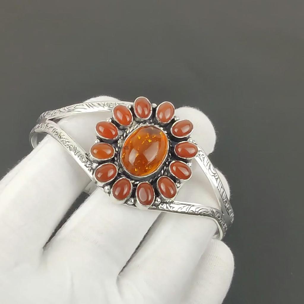 Baltic Amber Gemstone Handmade Cuff Bangle 925 Sterling Silver Cuff Bangle, Carnelian Flower Shape Bracelet For Wife, Unisex Bangle, Love Gift