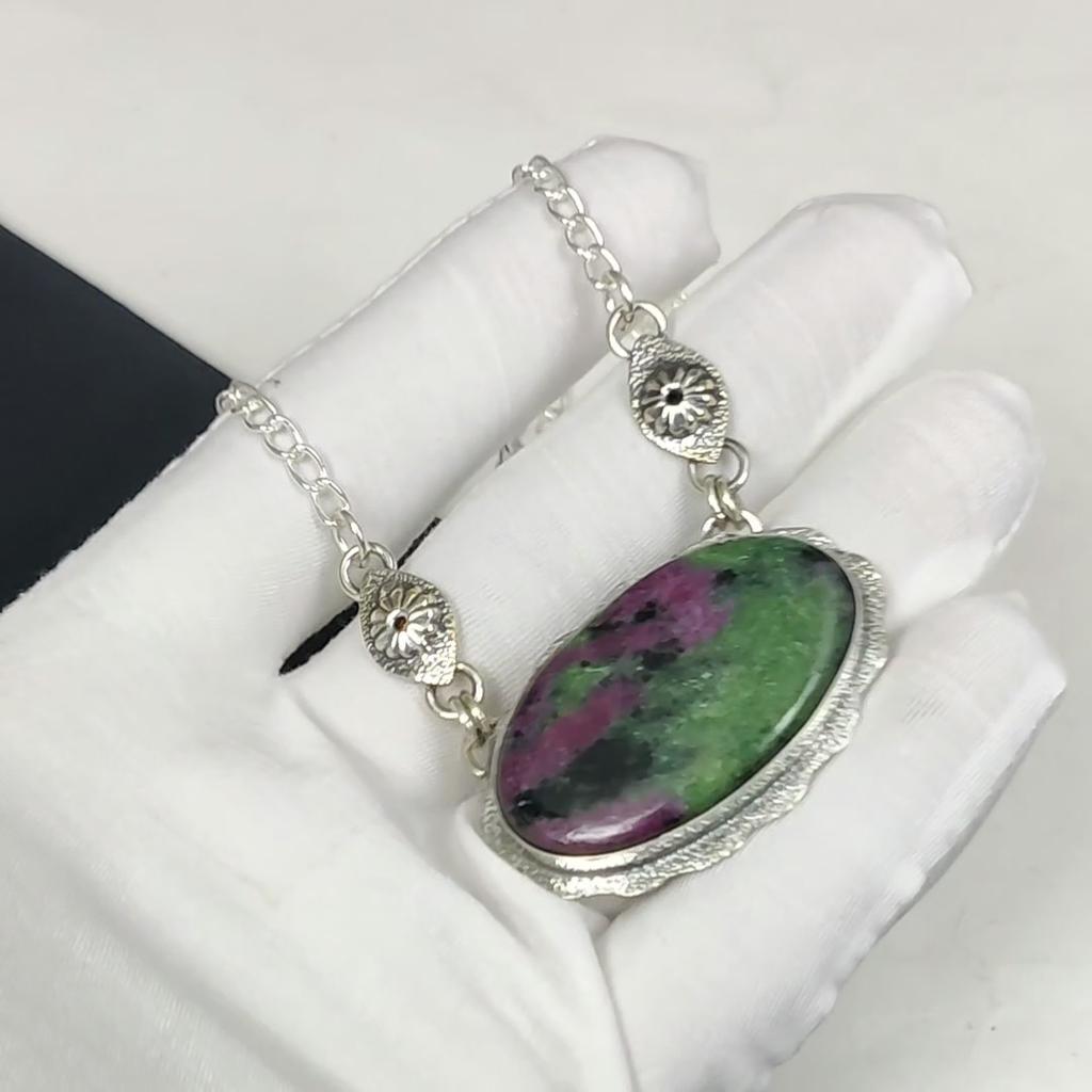Natural Ruby Zoisite Gemstone Handmade 925 Sterling Silver Electroform Necklace, Ruby Zoisite Silver For Wife Unisex Pendant Easter Gifts