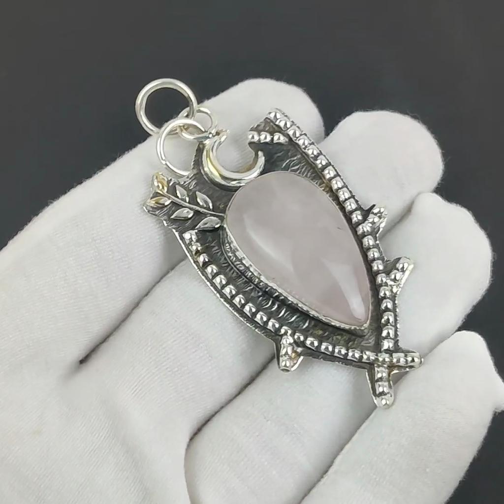 Natural Rose Quartz Gemstone Silver Pendant In 925 Sterling Silver- Handmade Design, Everyday Wear Jewelry, Unique Pendant Party Wear Gift