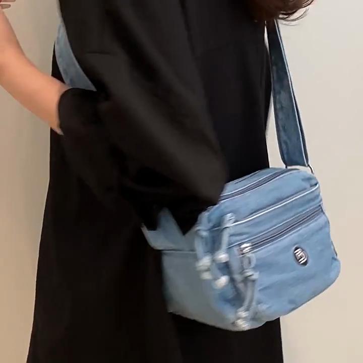 Minimally Designed Letter Decor Multiple Pockets Casual Shoulder Denim Bag For Girls