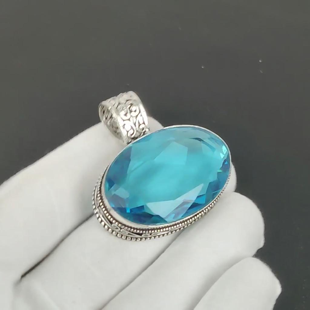 Blue Topaz Pendant, 925 Sterling Silver Handmade Jewelry, Blue Topaz Silver Pendant, Party Wear Jewelry For Women's, Pendant Valentine's Day Gift