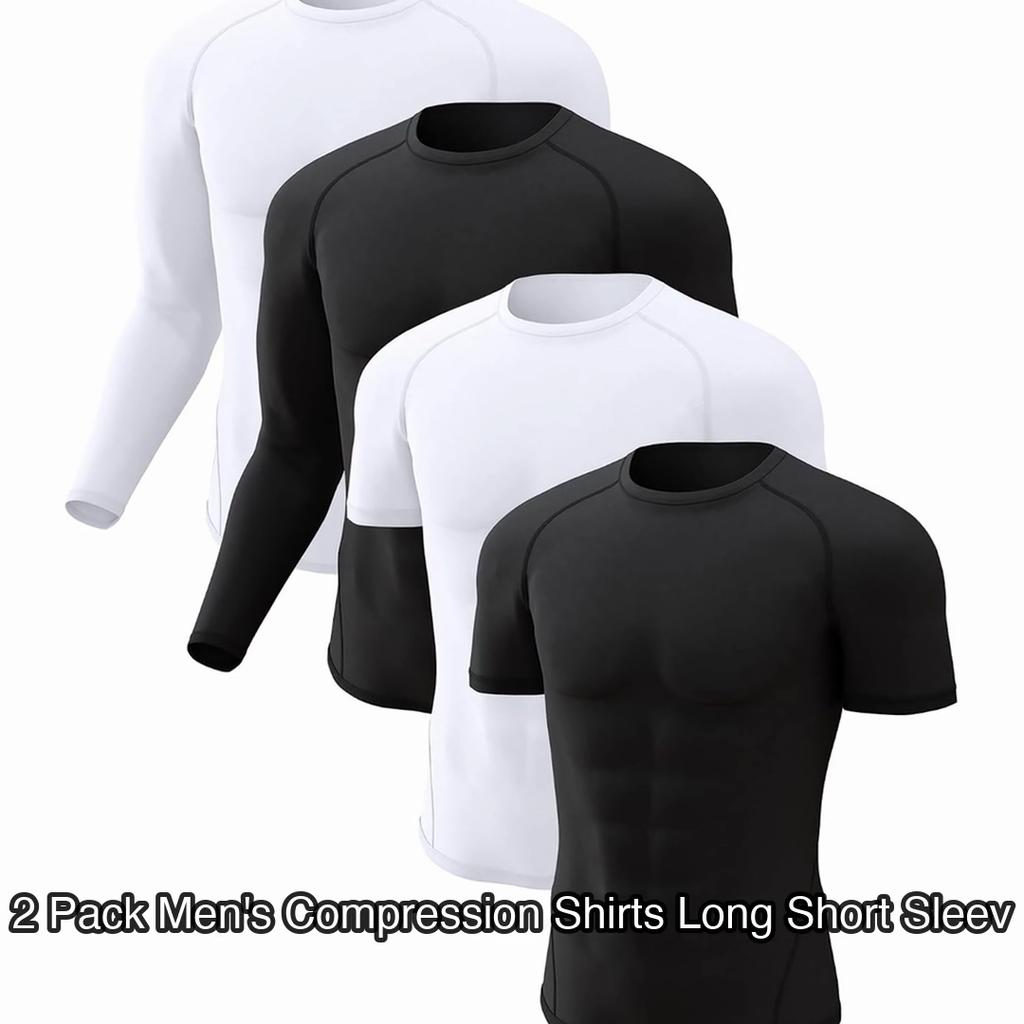 2 Pack Men's Compression Shirts Long Short Sleeve Rash Guard Workout Top, Black