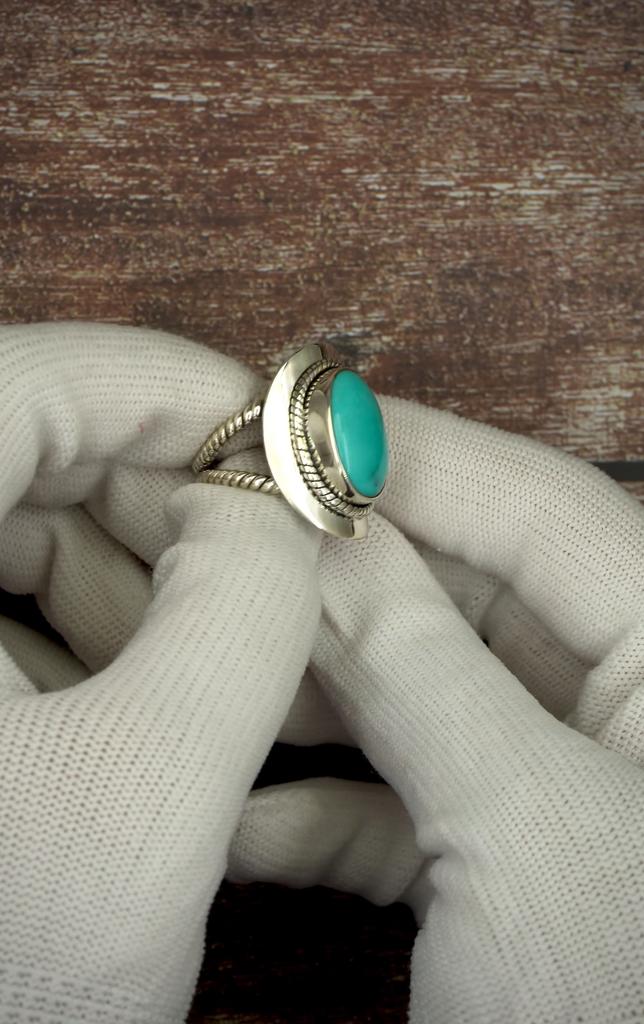 Sterling Silver Turquoise Ring - Oval Blue Gemstone Statement Ring with Rope Border - Boho Southwest Style Women's Jewelry
