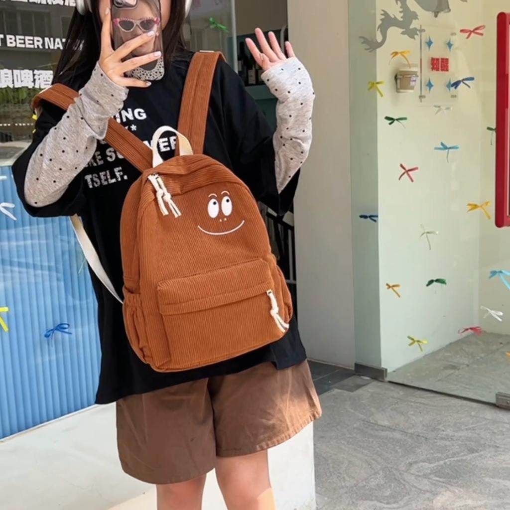 Solid Color Smiley Student Schoolbag Corduroy Women's Travel Backpack