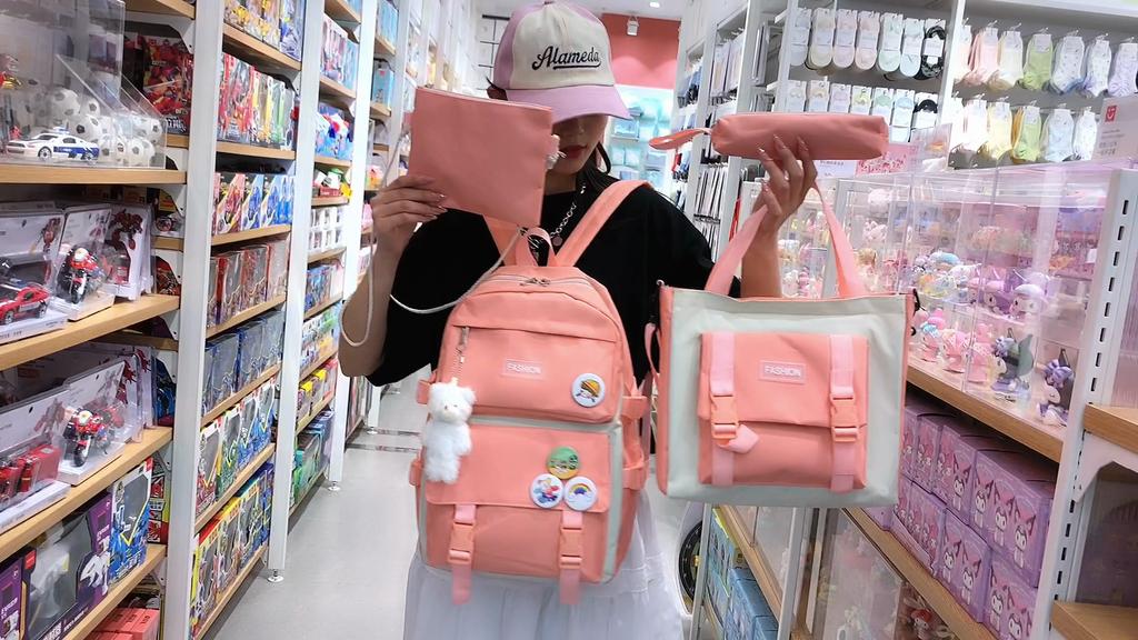 Senior High School Student Schoolbag Women's Block Color Backpack Set Large Capacity Backpack