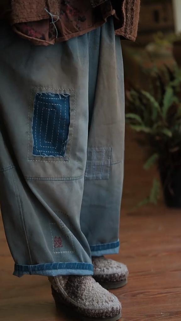 Johnature Pantaloni de damă vintage patchwork cu picior larg, talie elastică, largi, de primăvară, pantaloni lungi casual