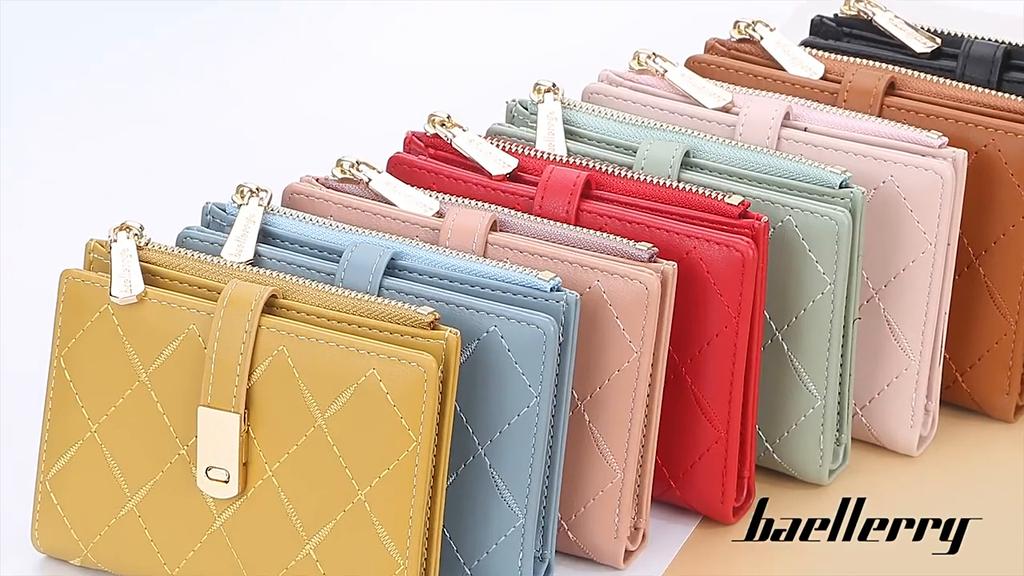 Baellerry Women's Short Purse Diamond Pattern Wallet Embroidered Multi-card Slot Billfold Zipper Coin Purse Pu Leather Card Holder