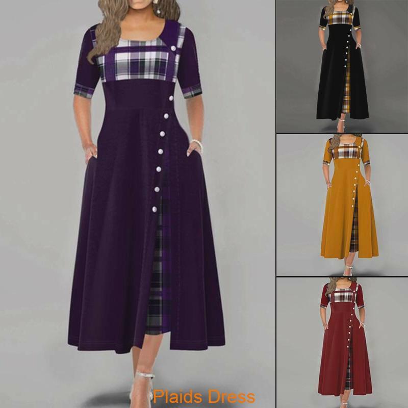 Women Casual Irregular Plaids Button Maxi Dress Half Sleeve Plus Dress Size