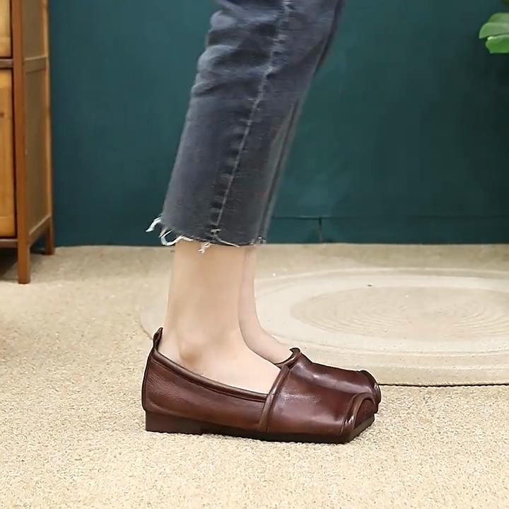 Johnature Genuine Leather Square Toe Flat Loafers Retro Soft Sole Comfortable Women's Slip-on Shoes