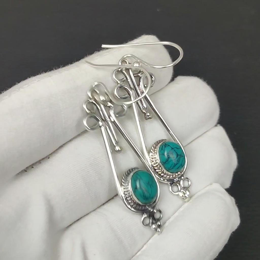 Natürliche Türkis Edelstein Ohrringe, 925 Sterling Silber Ohrringe, Handgemachte Boho Silber Schmuck Ohrhänger, Watte Geschenke