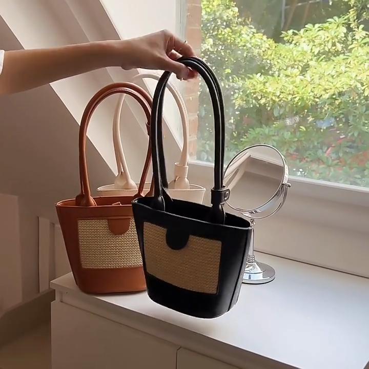 Trendy Straw Handbag Women's Woven Beach Bag Casual Snap Button Satchel Bag Small Braided Shoulder Bag For Travel