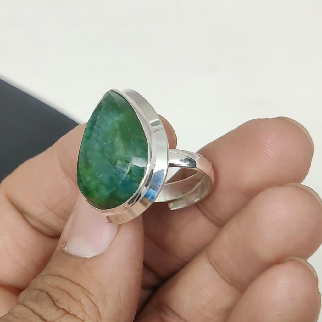 Beautiful Emerald Adjustable 925 Sterling Silver Ring - Fits US Sizes 6 To 11 - Handmade Boho Jewelry for Women & Men, Birthday Gifts