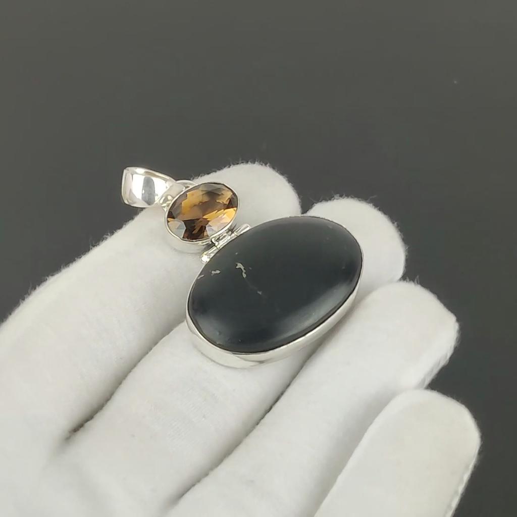 Black Obsidian & Smoky Topaz Gemstone Pendant, 925 Sterling Silver Jewelry, Silver Pendant, Antique Jewelry, Necklace Pendant For Love Gifts