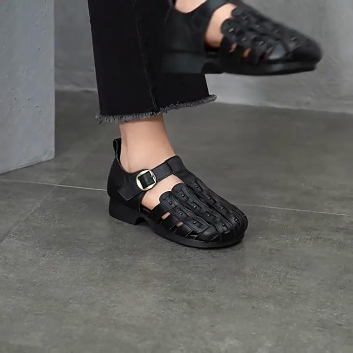 Johnature Genuine Leather Round Toe Soft Soled Sandals Hollow Out Breathable Low Heel Women's Shoes