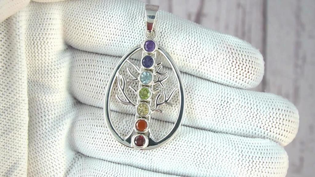 Chakra pendant, 92.5% silver multi gemstone pendant, chakra collection, tree shape pednat, healing jewelry
