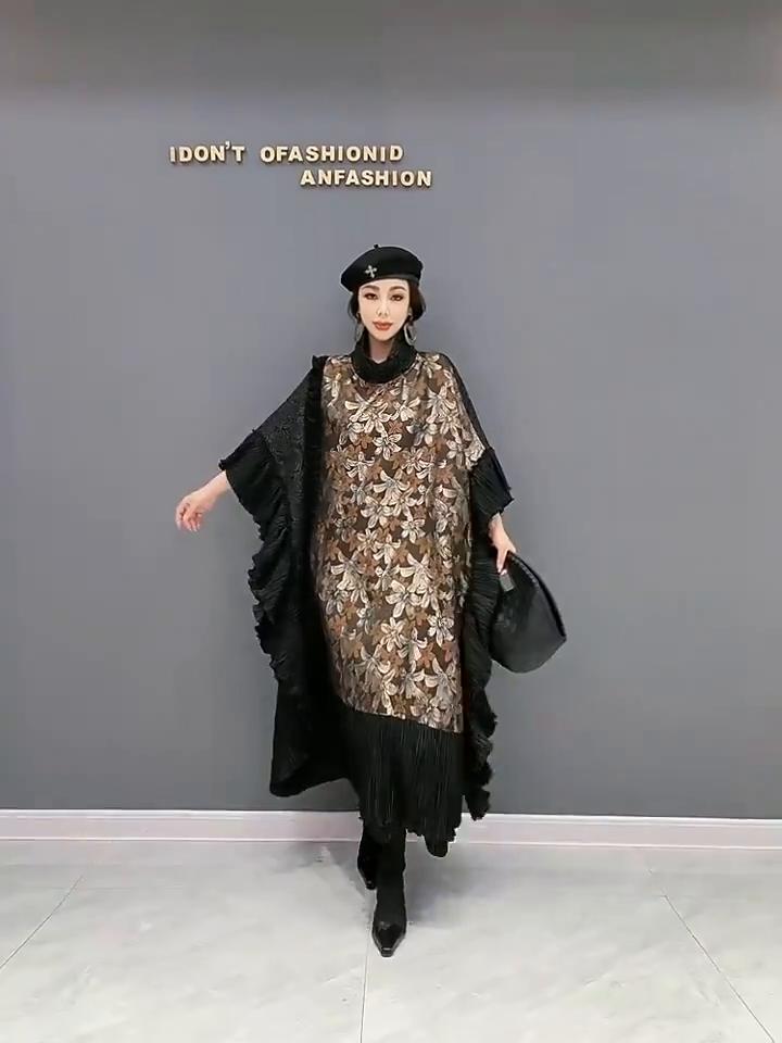 Xitao Print Contrast Color Patchwork Batwing Sleeve Dresses LJ1091