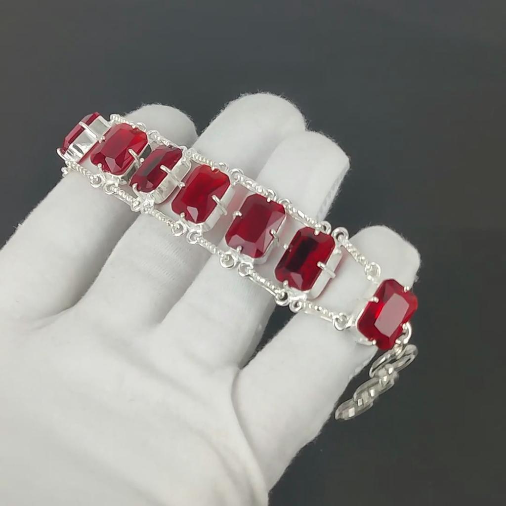 Faceted Red Garnet Bracelet 925 Sterling Silver Jewelry Adjustable Chain Bracelet Cushion Shape Gemstone Handmade Jewelry Gift For Her
