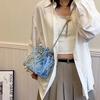 Ling Grid Chain Bucket Bag, Simple Crossbody Bag, Women's Trendy Drawstring Tassel Shoulder Bag