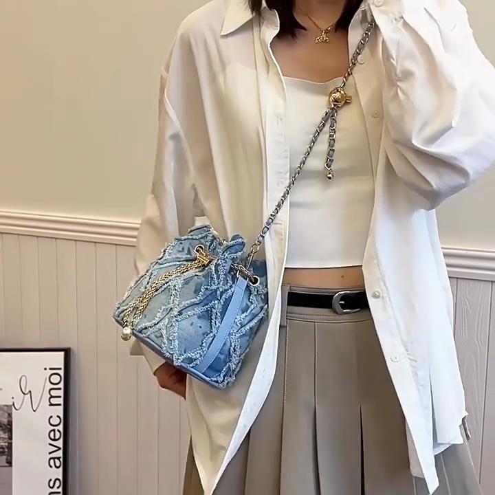 Ling Grid Chain Bucket Bag, Simple Crossbody Bag, Women's Trendy Drawstring Tassel Shoulder Bag
