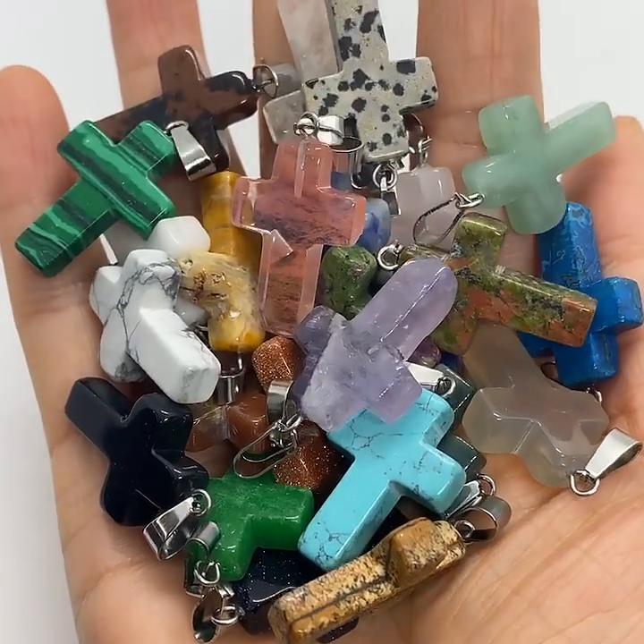 5Pcs Natural Stone Quartz Pendants Exquisite Cross-shaped Semi-precious Charms for Jewelry Making DIY Necklace Accessory Easter Gifts