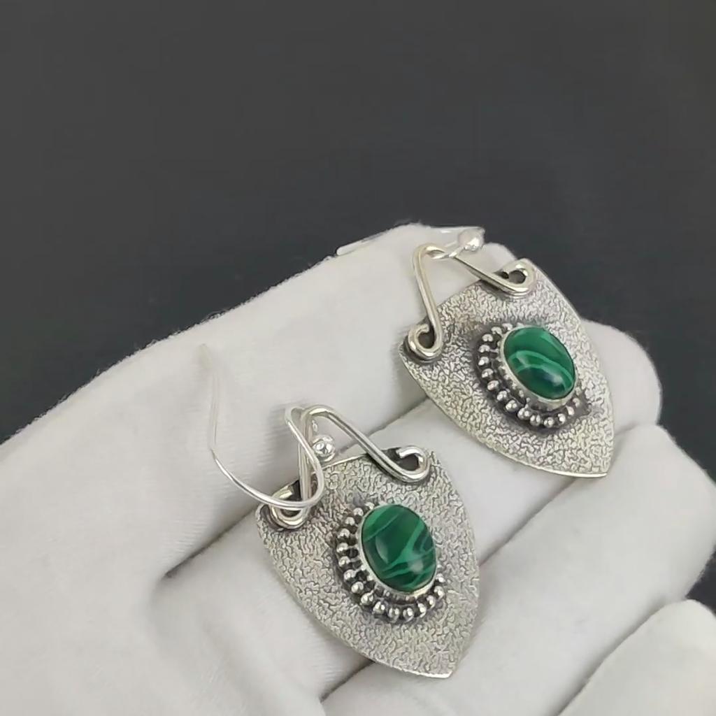 Natürliche Malachit Edelstein Ohrringe, 925 Sterlingsilber Ohrring, Handgefertigter Boho Silber Schmuck Hängeohrringe, Thanksgiving Geschenk