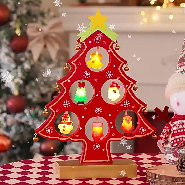 Christmas Wooden Hollow Tree Night Light, Desktop Tabletop Ornament, Warm LED Decor Lamp for Holiday Home Decoration