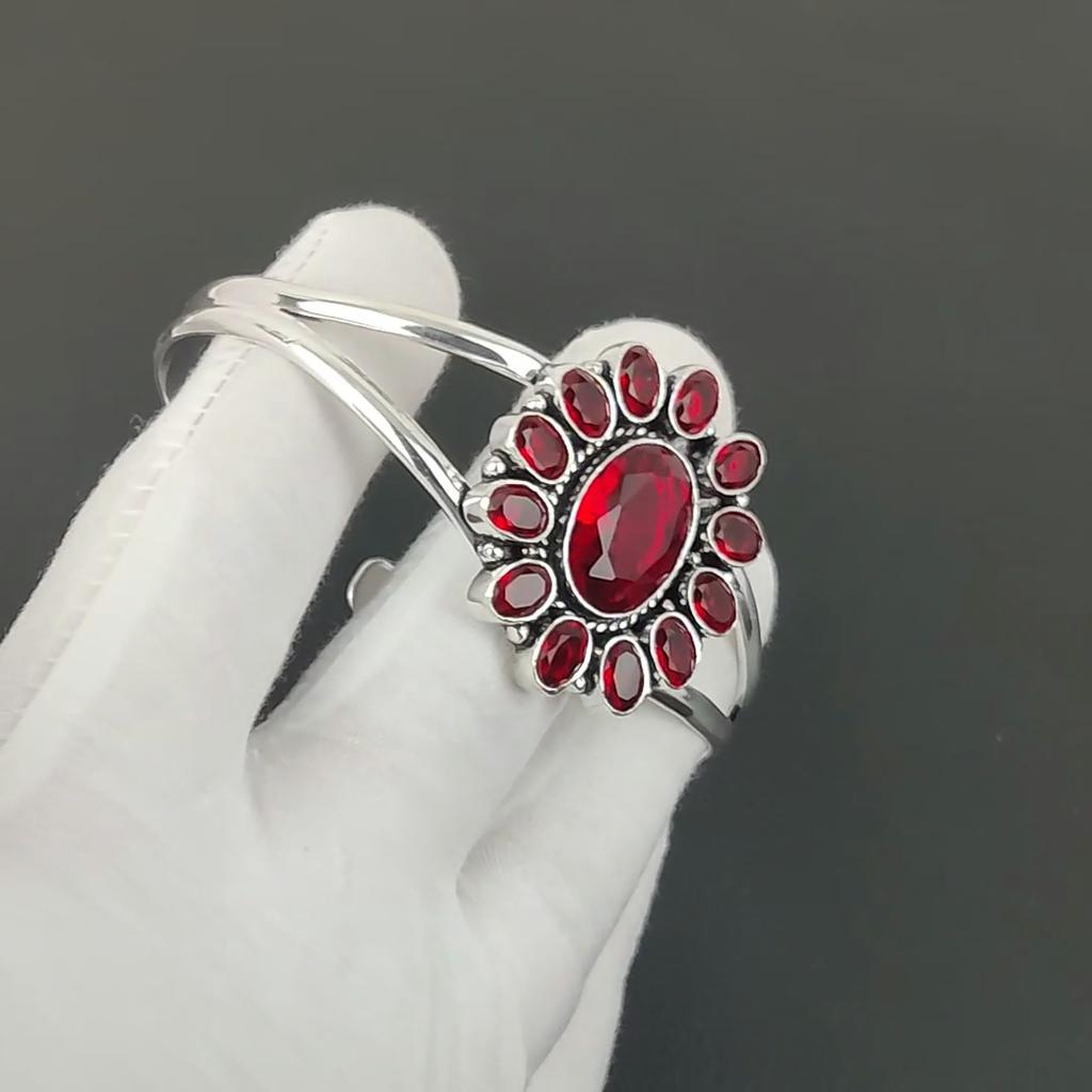 Red Garnet Gemstone Handmade Cuff Bangle 925 Sterling Silver Cuff Bangle, Red Garnet Flower Shape Bracelet For Wife, Unisex Bangle, Love Gift