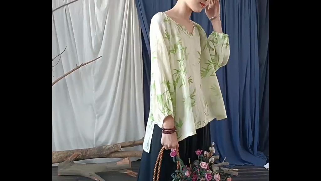 Johnature Women Vintage Ramie T-Shirts V-Neck Long Sleeve Print Floral Green Tees Autumn Loose Casual Women T-Shirts
