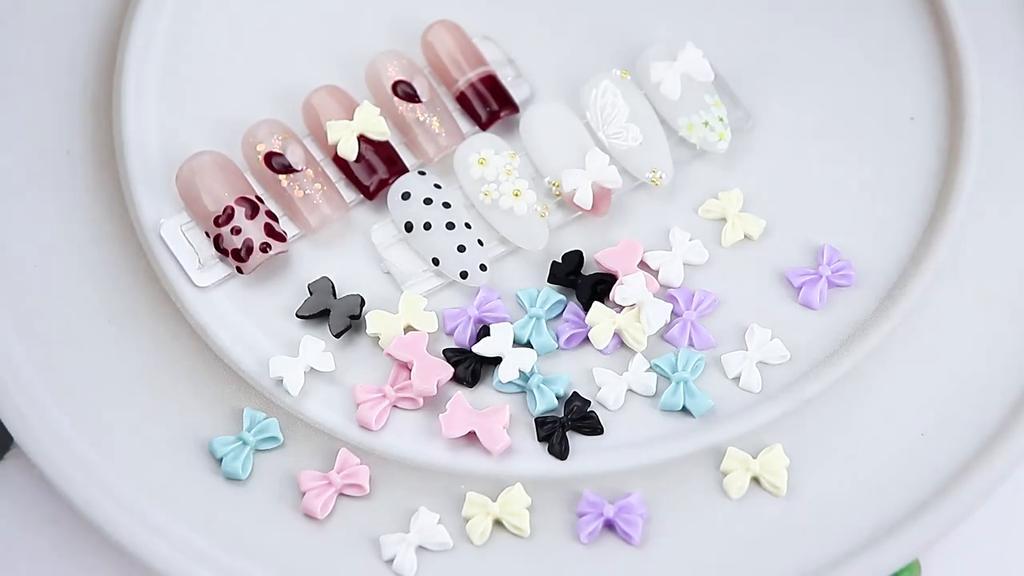 50PCS White Ribbon Resin Bow Nail Charm Parts 3D Rhinestone Nail Art Deco Accessories DIY Korean Nail Design Supplies