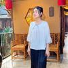 Johnature Camisas Tops Jacquard Estilo Chinês Feminino Decote O Sete Mangas Blusas Verão Botão Camisas Vintage