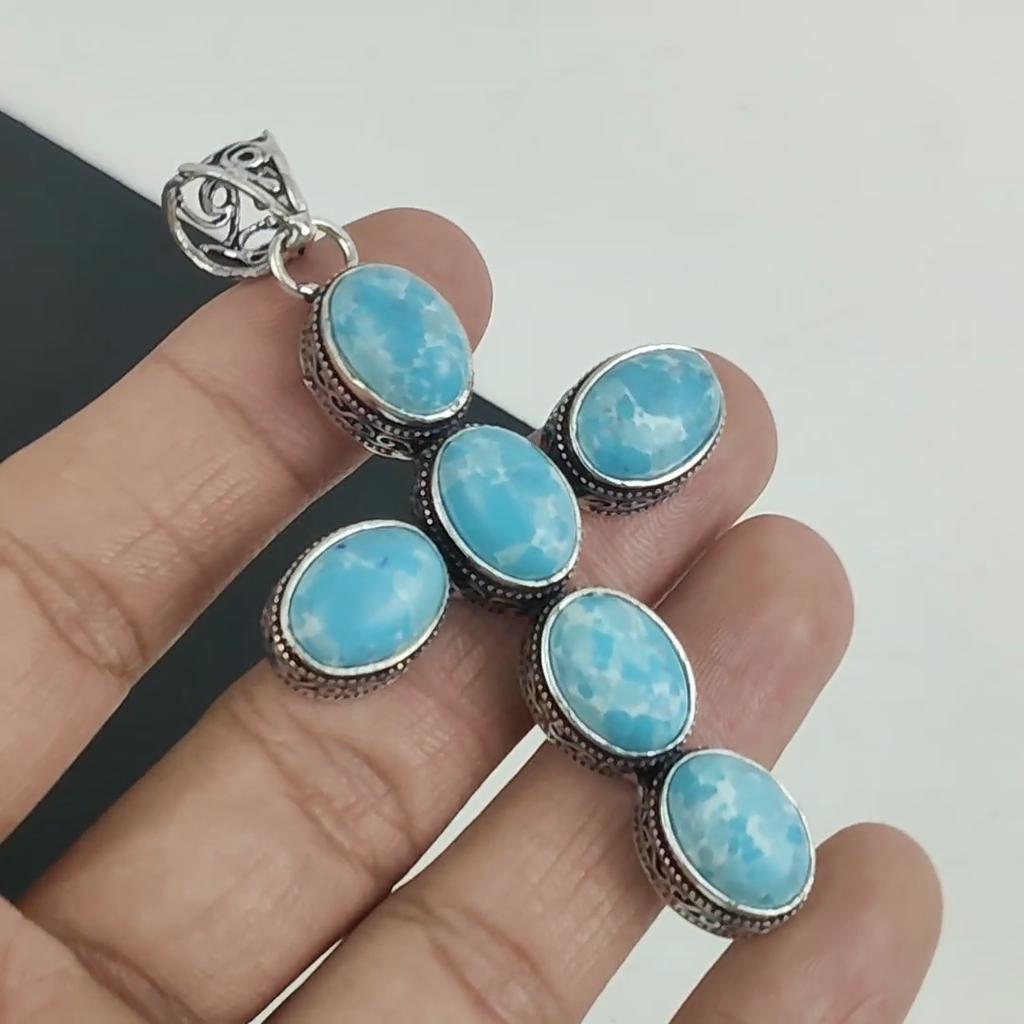 Larimar Edelstein Anhänger 925 Sterling Silber - Handgefertigtes Kreuz Design, Alltagsschmuck, Einzigartiger Larimar Anhänger Hochzeitsgeschenke