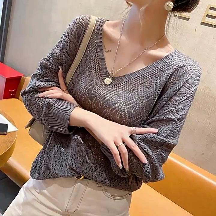 V-neck Crocheted Hollow Knitted Three-quarter Sleeve Blouse Women's Thin Spring Loose Bat Shirt Short Top