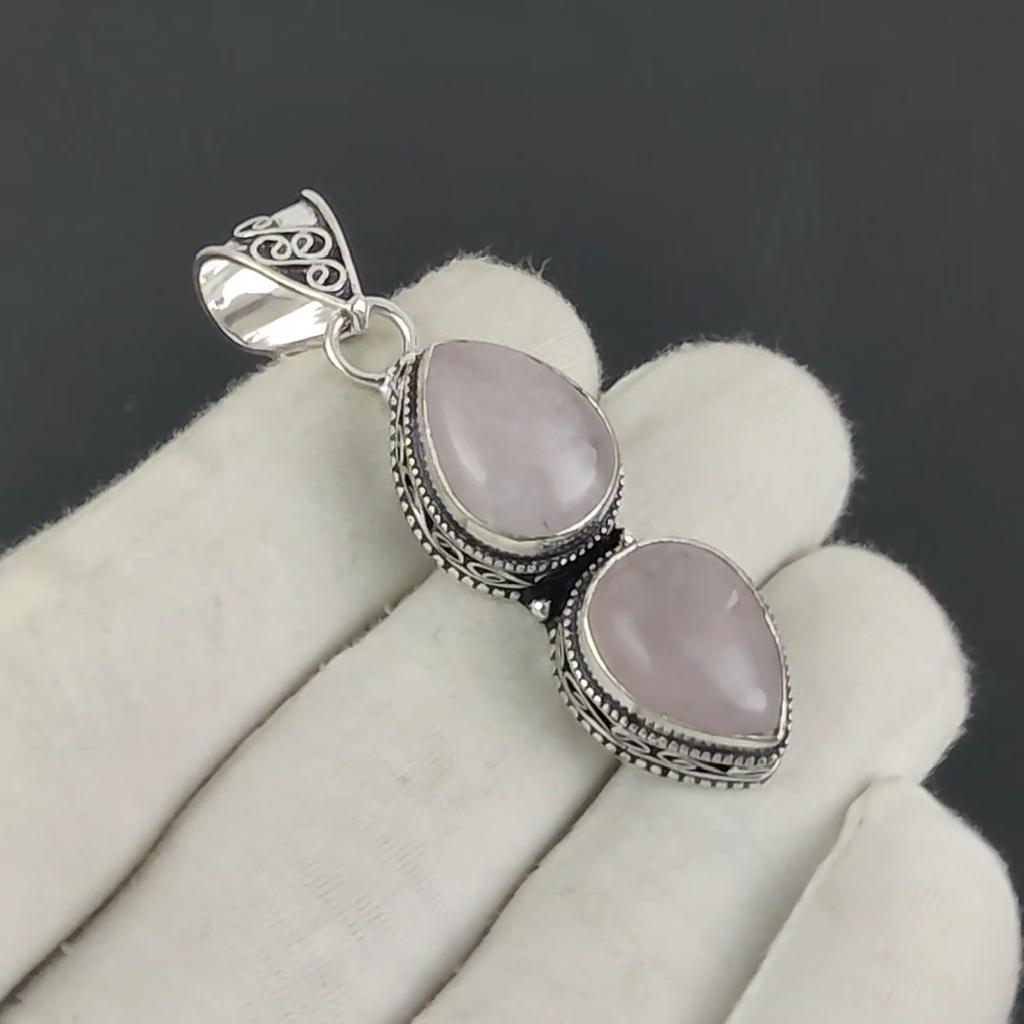Natural Rose Quartz Gemstone Silver Pendant in 925 Sterling Silver - Handmade Pear Design, Everyday Wear Jewelry Engagement Gift