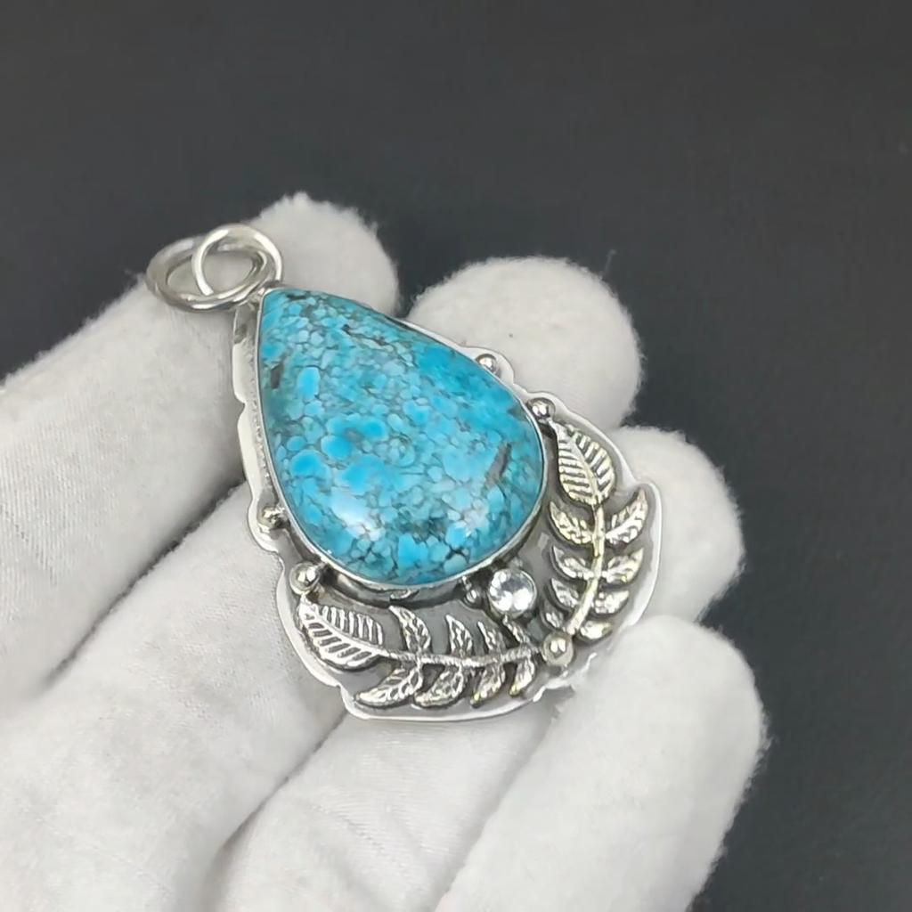 Natural Turquoise Gemstone Silver Pendant In 925 Sterling Silver- Handmade Design, Everyday Wear Jewelry, Unique White Topaz Pendant Gift