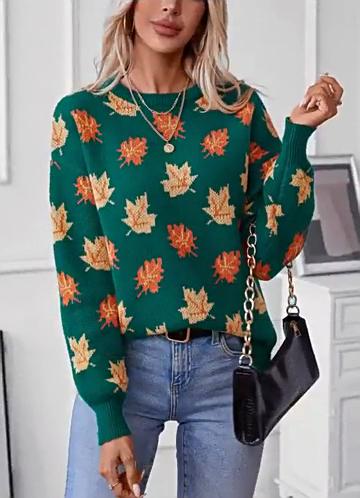 Rose Beauty A Autumn and Winter Sweater Women's Maple Leaf Pattern Jacquard Leisure Pullover Knitwear Women's Clothing