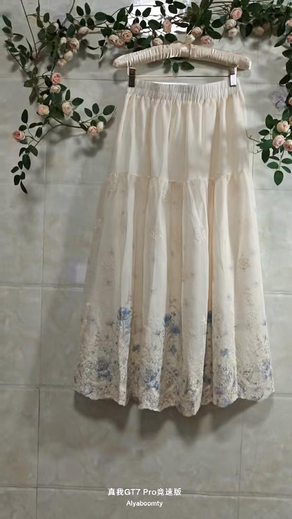 Spring Summer Women Maxi Long Skirt High Waist Delicate Floral Embroidery Classical Skirt Vintage Elegant Hollow Out Apricot A-Line Skirt