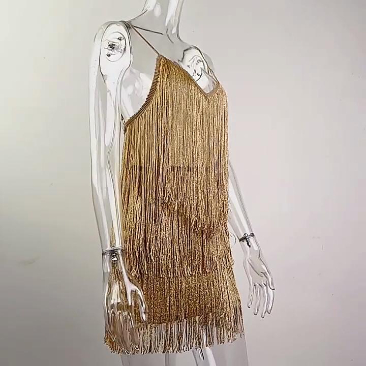 Ženy Sexy Špagetová ramínka s hlubokým výstřihem do V Třásně Bodycon Mini šaty Střapce Bez zad Gatsby Cocktail Club Party šaty