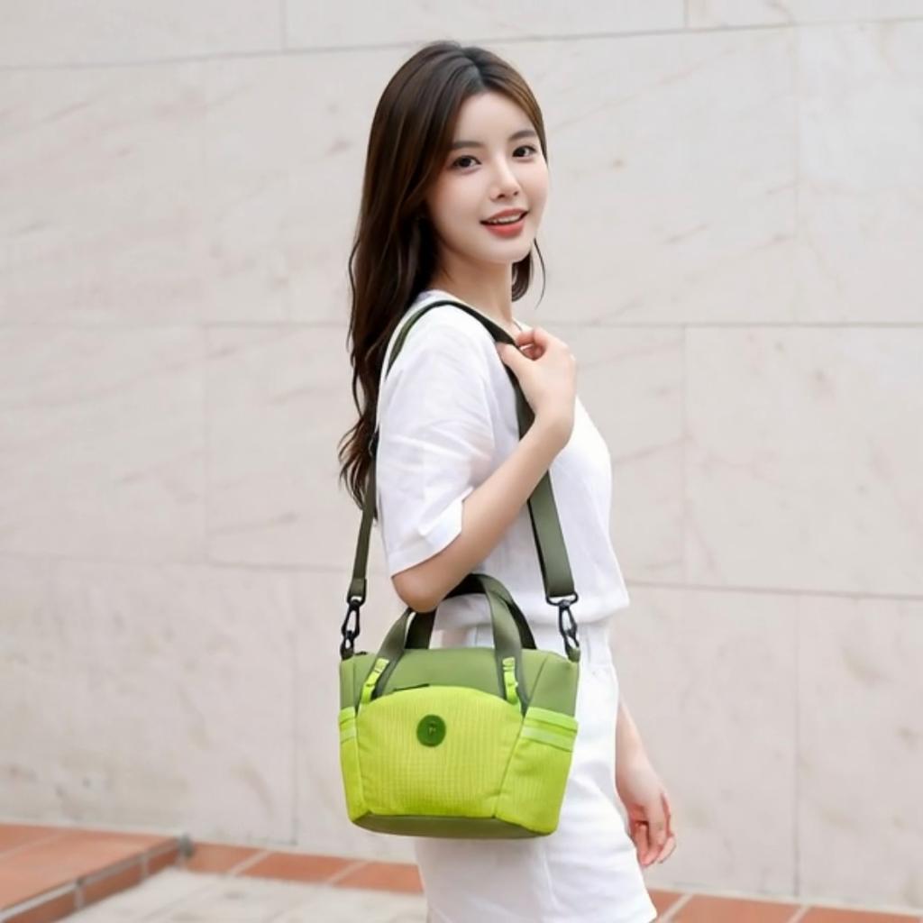 Colorblock Nylon Mini Tote Bag with Grid Pattern Front Pocket Crossbody Casual Small Shoulder Purse for Daily