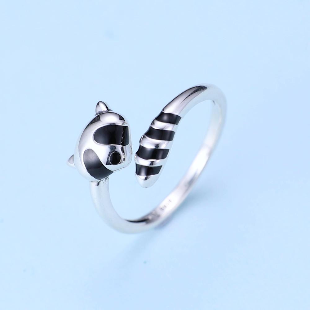 BAMOER Authentic 925 Sterling Silver Black Enamel Raccoon Adjustable Finger Rings for Women Jewelry