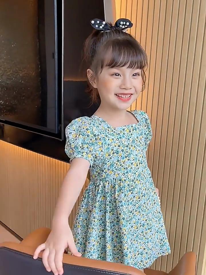 Summer Girls Floral Dresses Sweet Kids Green Short Sleeve Dresses Children Cotton Toddler Baby Clothing Frock