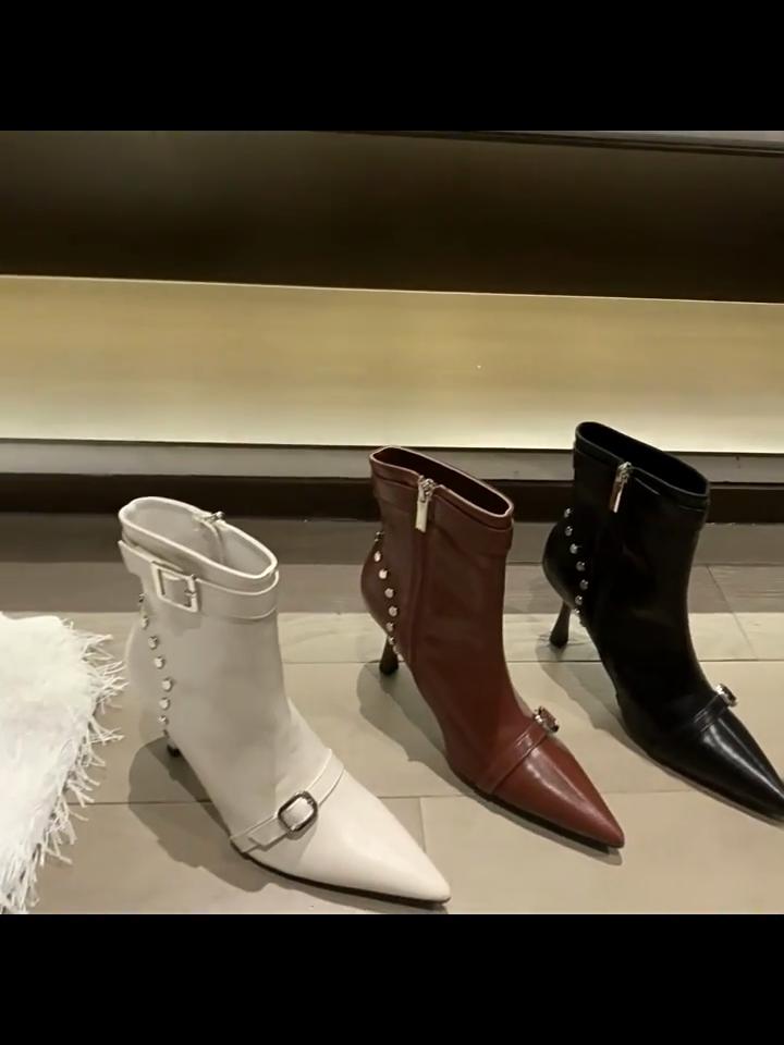 Europeisk och Amerikansk Stil Dam Höst Spetsig Tå Bältesspänne Stövlar Dammode Högklackade Korta Stövlar