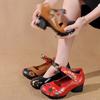 Johnature Genuine Leather Printed Round Toe Ethnic Style Heel Shoes Pumps Retro Shallow Soft Sole Women's Shoes