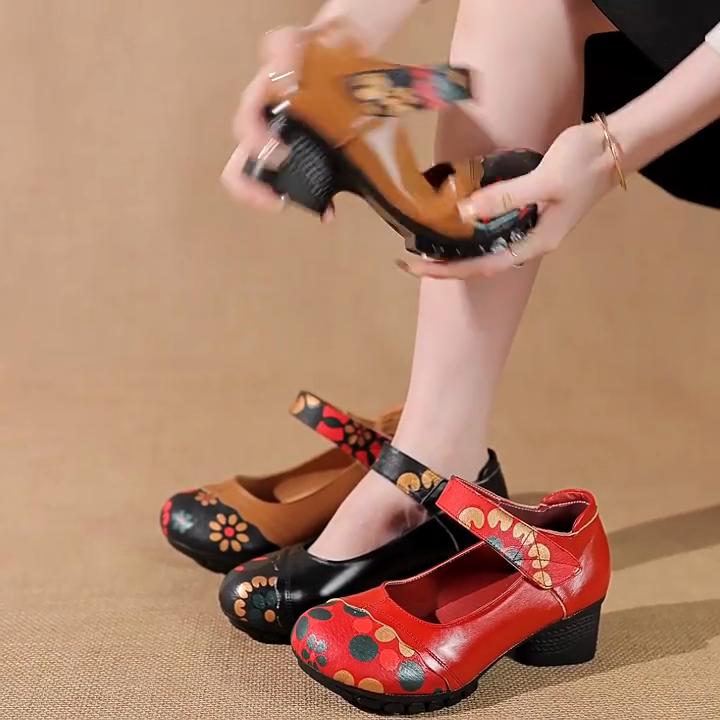 Johnature Genuine Leather Printed Round Toe Ethnic Style Heel Shoes Pumps Retro Shallow Soft Sole Women's Shoes