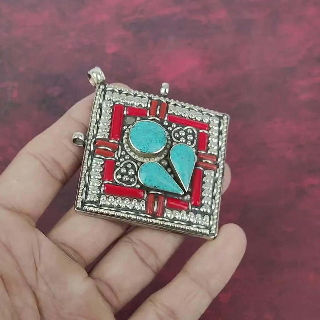 Blue Turquoise & Coral Pendant, 925 Solid Sterling Silver Gemstone Jewelry, Handmade Nepali Pendant, For Thanksgiving
