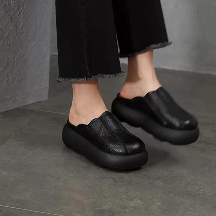 Johnature Vintage Genuine Leather Thick Soled Outdoor Slippers Round Toe Women's Slip-on Shoes