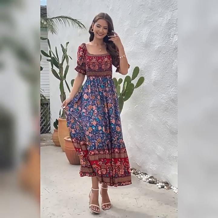 GMXIA New Beach Vacation Dress One Shoulder Puff Sleeve Midi Dress