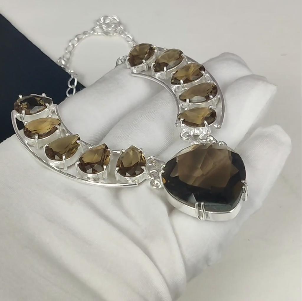 Dainty Smoky Topaz Gemstone Handmade 925 Sterling Silver Electroform Necklace, Smoky Topaz Silver For Wife Unisex Pendant Wadding Gifts