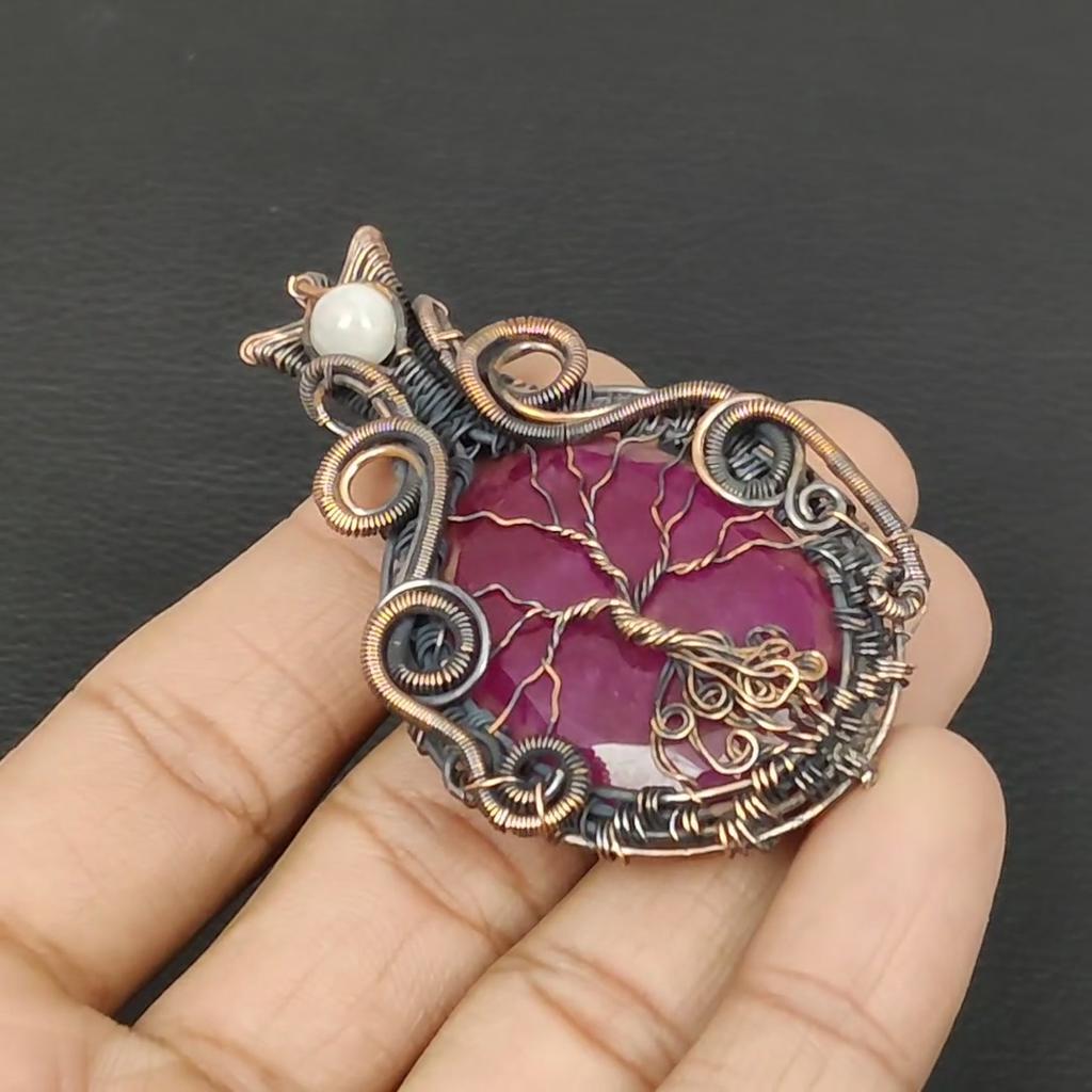 Tree Of Life Lab-Created Ruby & Moonstone Gemstone Pure Copper Wire Wrap Handmade Jewelry Pendant