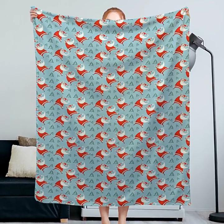 1PC Santa Print Fleece Blanket - Flannel Throw for Sofa Bed with Reversible Holiday Design